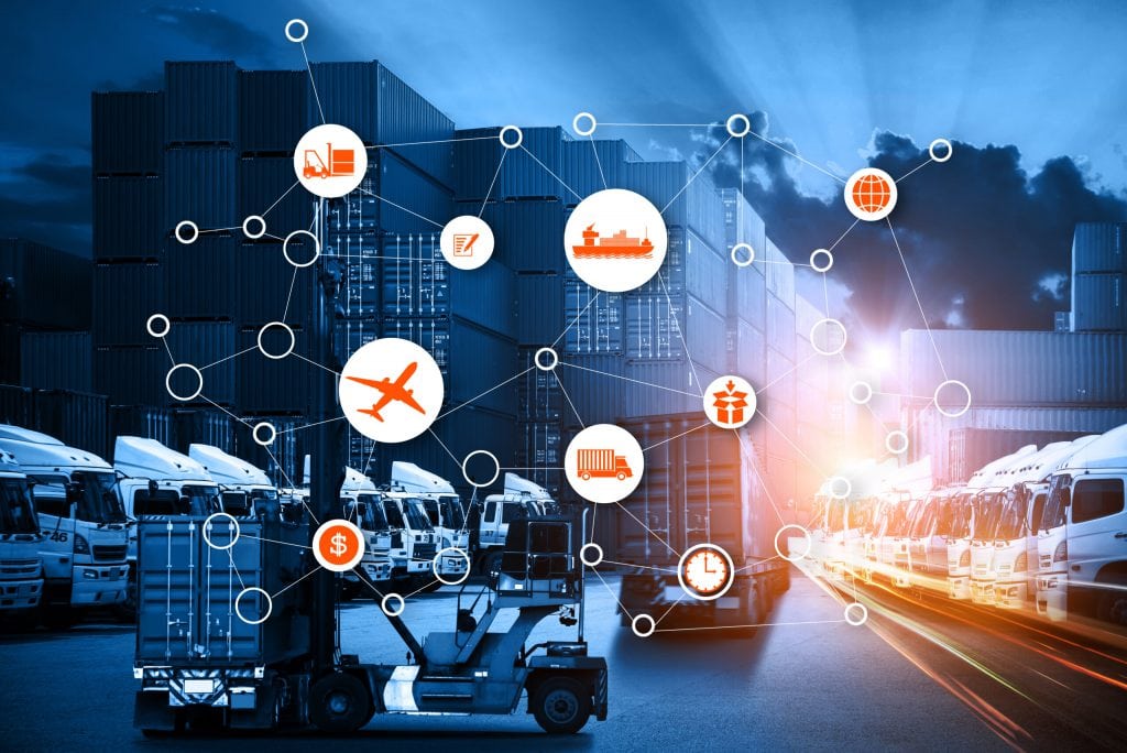 Supply Chain Data Mapped Over Delivery Vehicles - Cedric Millar Supply Chain Logistics Company